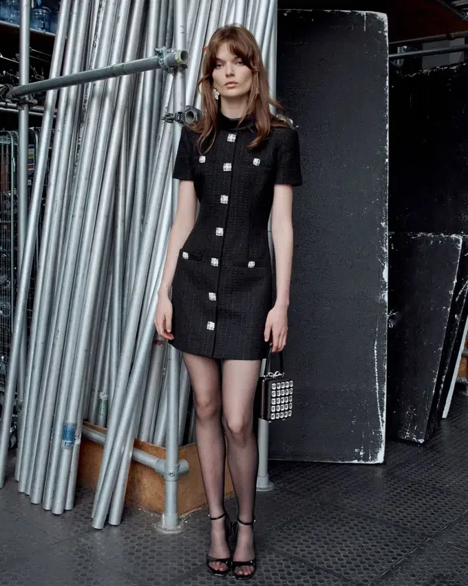 Black Boucle Collared Mini Dress Black Boucle Collared Mini Dress