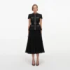 Black Boucle Crystal Trim Chiffon Midi Dress