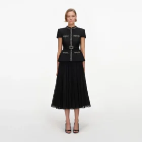 Black Boucle Crystal Trim Chiffon Midi Dress