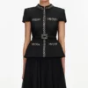 Black Boucle Crystal Trim Chiffon Midi Dress