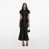 Black Boucle Crystal Trim Satin Midi Dress