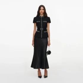 Black Boucle Crystal Trim Satin Midi Dress