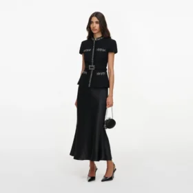 Black Boucle Crystal Trim Satin Midi Dress