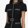 Black Boucle Crystal Trim Satin Midi Dress