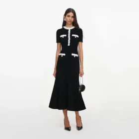 Black Chenille Knit Flower Trim Midi Dress