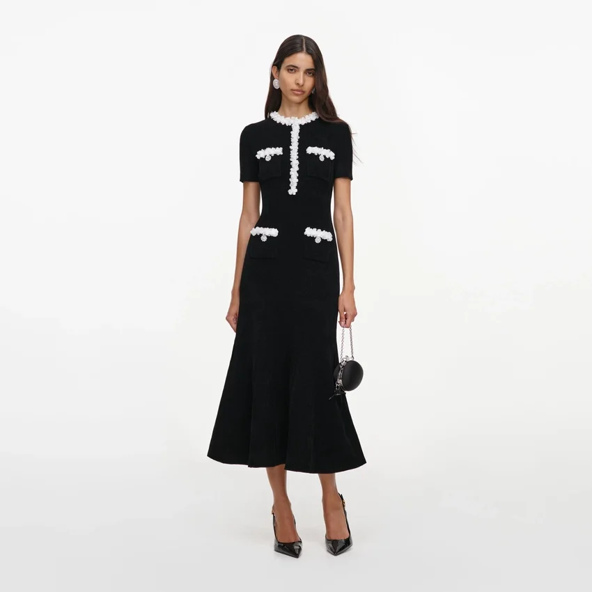 Black Chenille Knit Flower Trim Midi Dress Black Chenille Knit Flower Trim Midi Dress