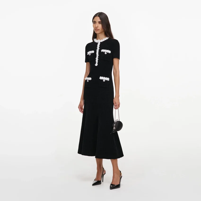 Black Chenille Knit Flower Trim Midi Dress Black Chenille Knit Flower Trim Midi Dress