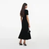 Black Chenille Knit Flower Trim Midi Dress Black Chenille Knit Flower Trim Midi Dress