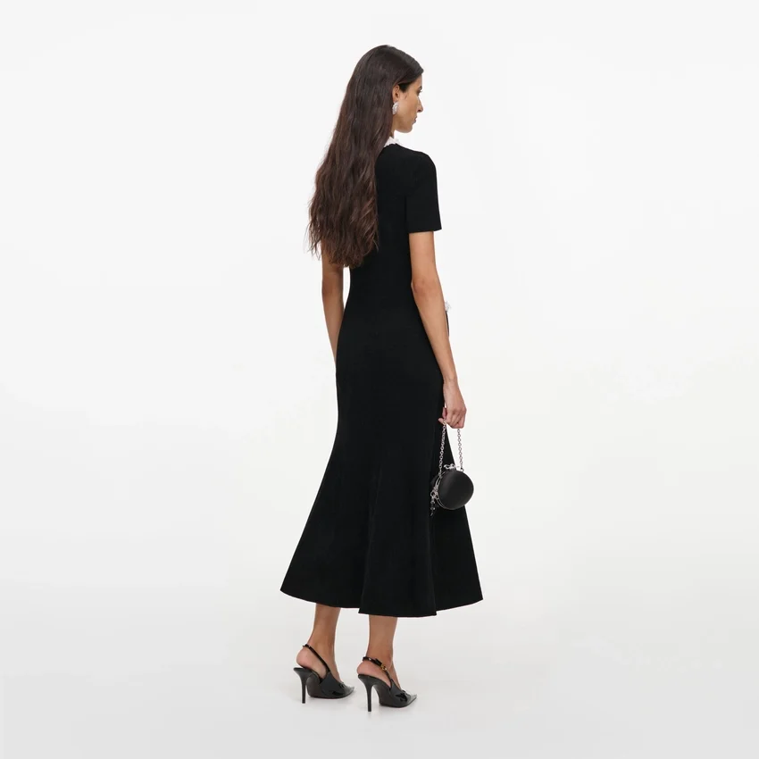 Black Chenille Knit Flower Trim Midi Dress Black Chenille Knit Flower Trim Midi Dress