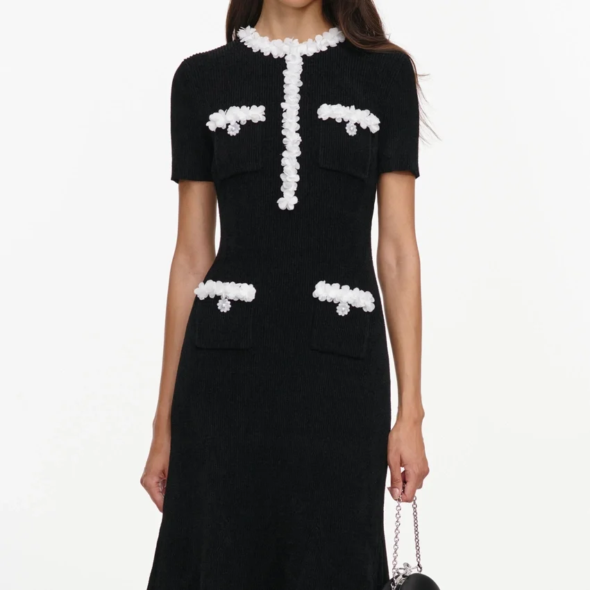 Black Chenille Knit Flower Trim Midi Dress Black Chenille Knit Flower Trim Midi Dress