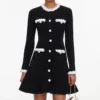Black Chenille Knit Flower Trim Mini Dress