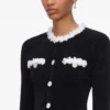 Black Chenille Knit Flower Trim Mini Dress