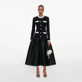 Black Chenille Taffeta Midi Dress