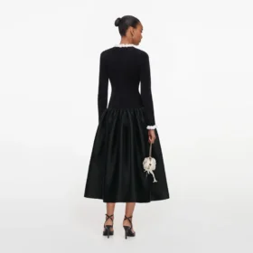 Black Chenille Taffeta Midi Dress