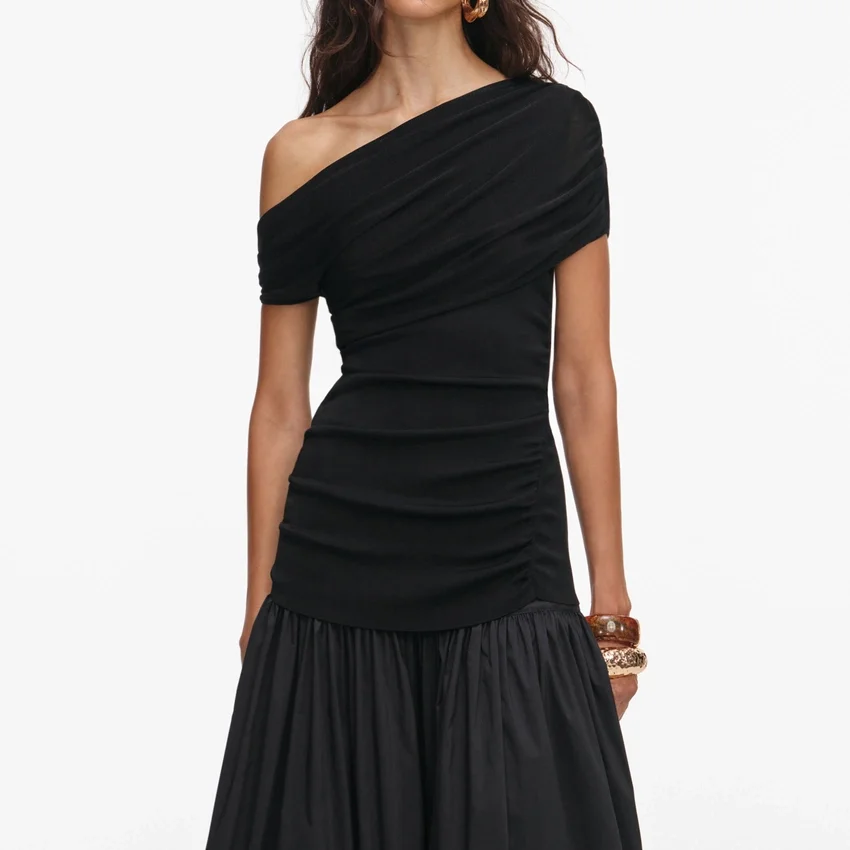 Black Cotton Draped Knit Midi Dress Black Cotton Draped Knit Midi Dress