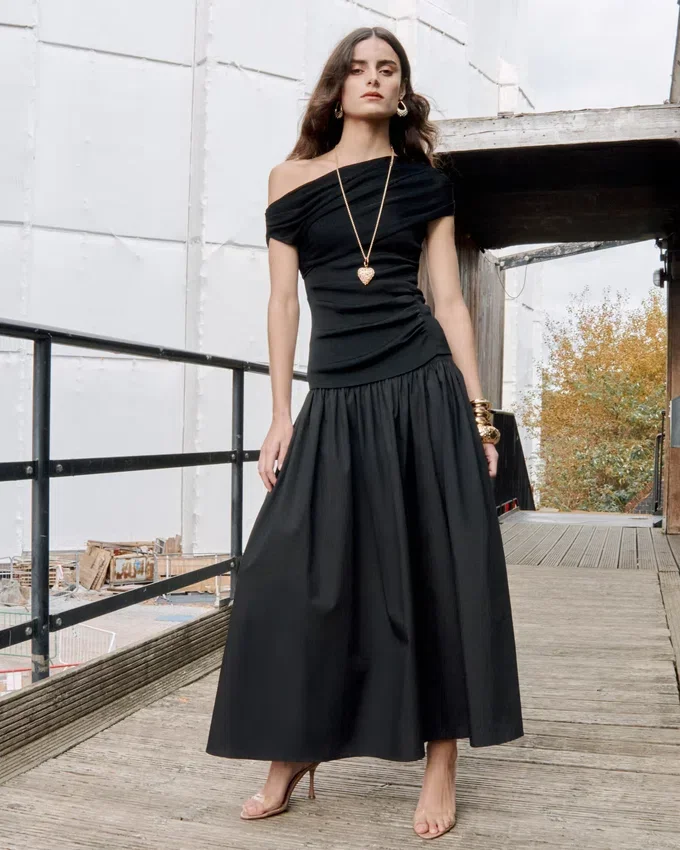 Black Cotton Draped Knit Midi Dress Black Cotton Draped Knit Midi Dress