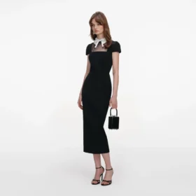 Black Crepe Bow Collar Midi Dress