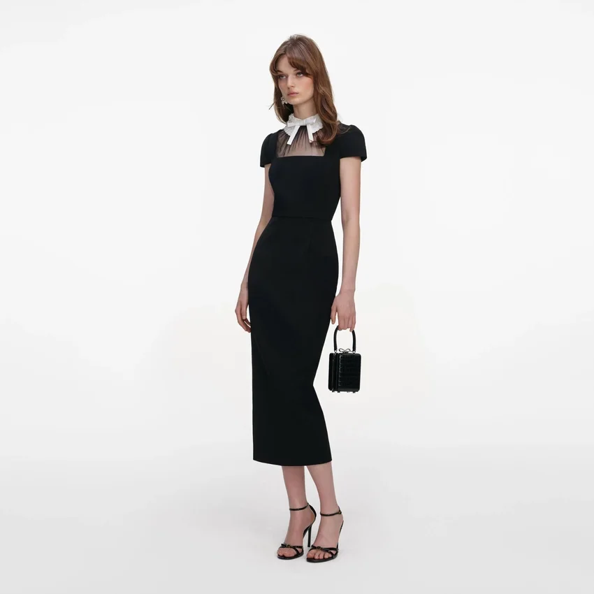 Black Crepe Bow Collar Midi Dress Black Crepe Bow Collar Midi Dress