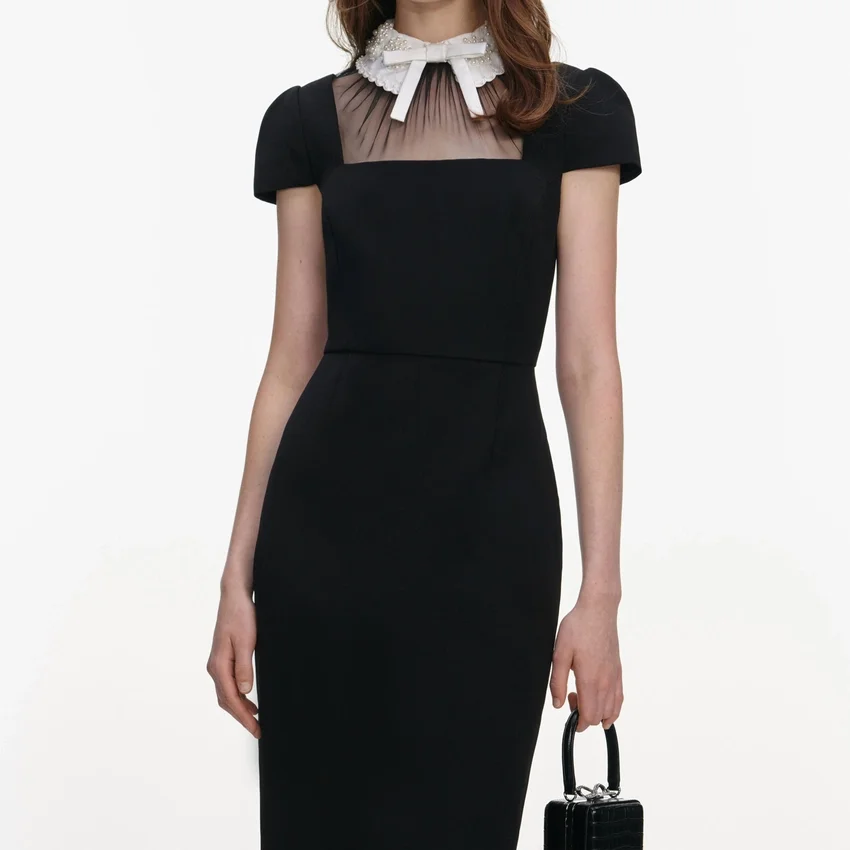 Black Crepe Bow Collar Midi Dress Black Crepe Bow Collar Midi Dress