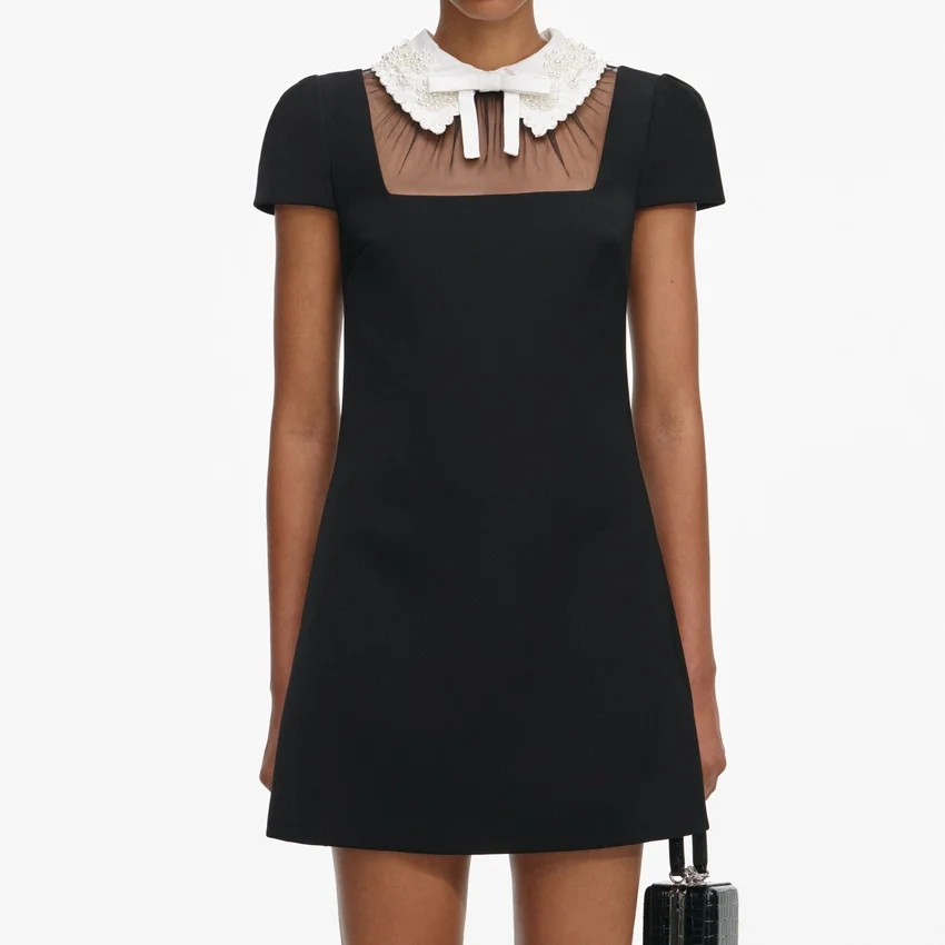 Black Crepe Bow Collar Mini Dress Black Crepe Bow Collar Mini Dress