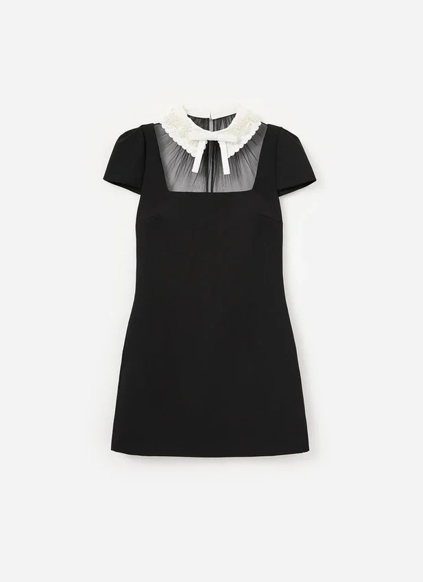 Black Crepe Bow Collar Mini Dress Black Crepe Bow Collar Mini Dress