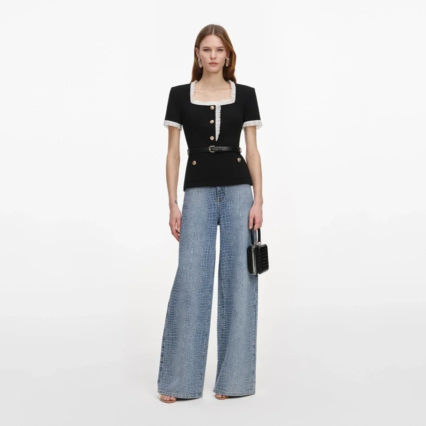Black Crepe Contrast Frill Top Black Crepe Contrast Frill Top