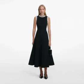 Black Crepe Pearl Trim Midi Dress