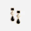 Black Enamel Gold Three Tiered Earrings
