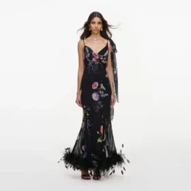 Black Floral Georgette Feather Maxi Dress