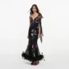 Black Floral Georgette Feather Maxi Dress