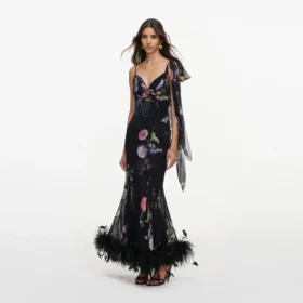 Black Floral Georgette Feather Maxi Dress