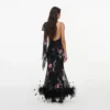 Black Floral Georgette Feather Maxi Dress