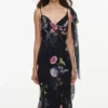 Black Floral Georgette Feather Maxi Dress