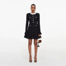 Black Flower Trim Knit Mini Dress