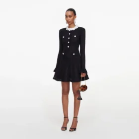 Black Flower Trim Knit Mini Dress