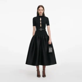 Black Knit Taffeta Midi Dress