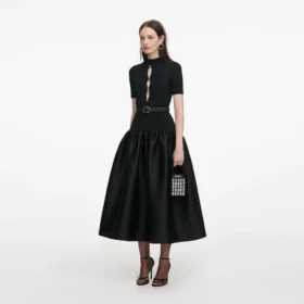 Black Knit Taffeta Midi Dress