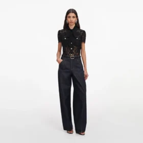 Black Lace Tie Neck Top