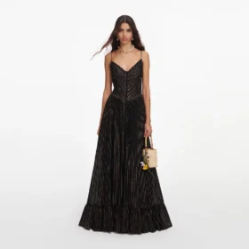 Black Lurex Stripe Pleated Maxi Dress