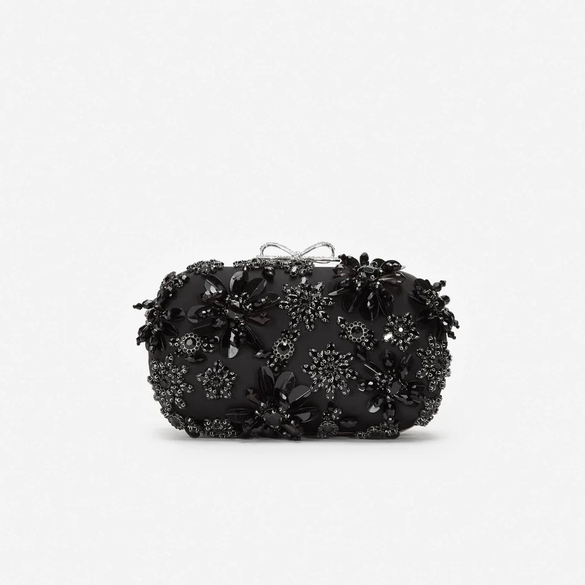 Black Satin Floral Crystal Clutch Bag Black Satin Floral Crystal Clutch Bag