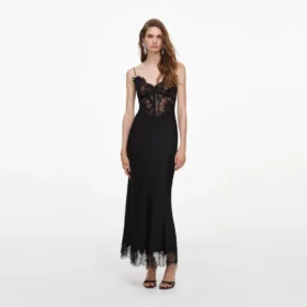 Black Satin Lace Midi Dress