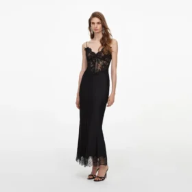 Black Satin Lace Midi Dress