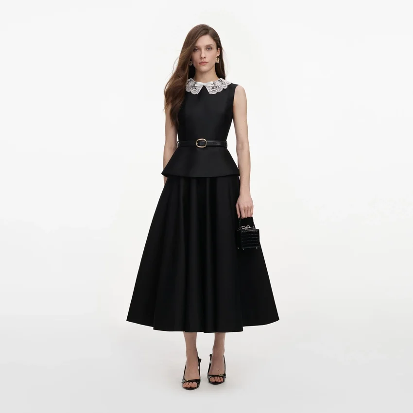 Black Taffeta Peplum Midi Dress Black Taffeta Peplum Midi Dress