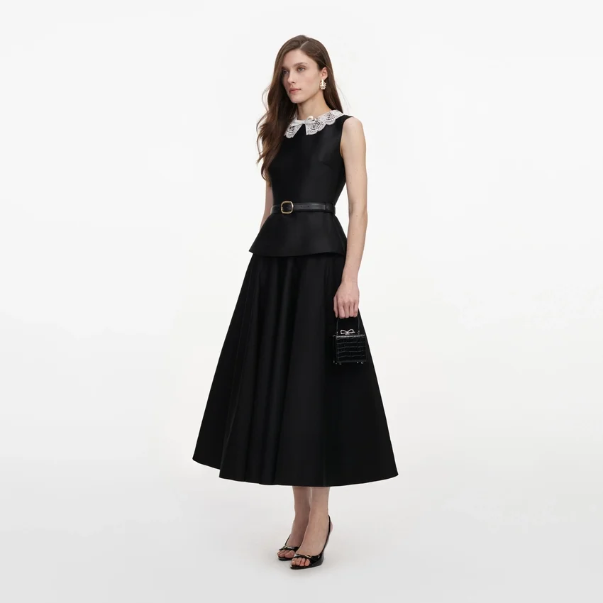 Black Taffeta Peplum Midi Dress Black Taffeta Peplum Midi Dress