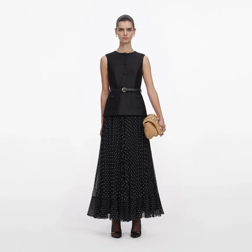 Black Taffeta Polka Dot Midi Dress Black Taffeta Polka Dot Midi Dress
