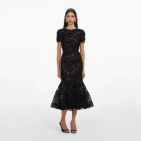 Black Tulle Lace Sequin Midi Dress