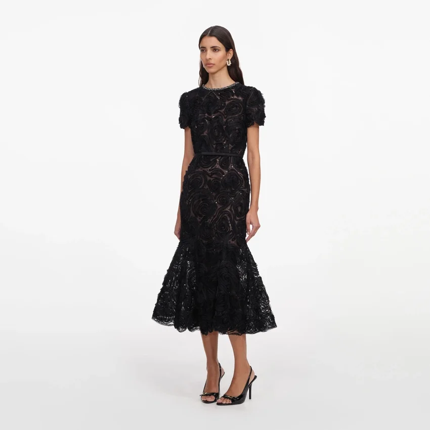 Black Tulle Lace Sequin Midi Dress Black Tulle Lace Sequin Midi Dress