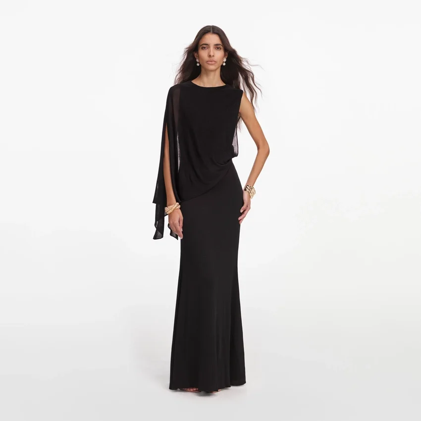 Black Viscose Knit One Shoulder Maxi Dress Black Viscose Knit One Shoulder Maxi Dress