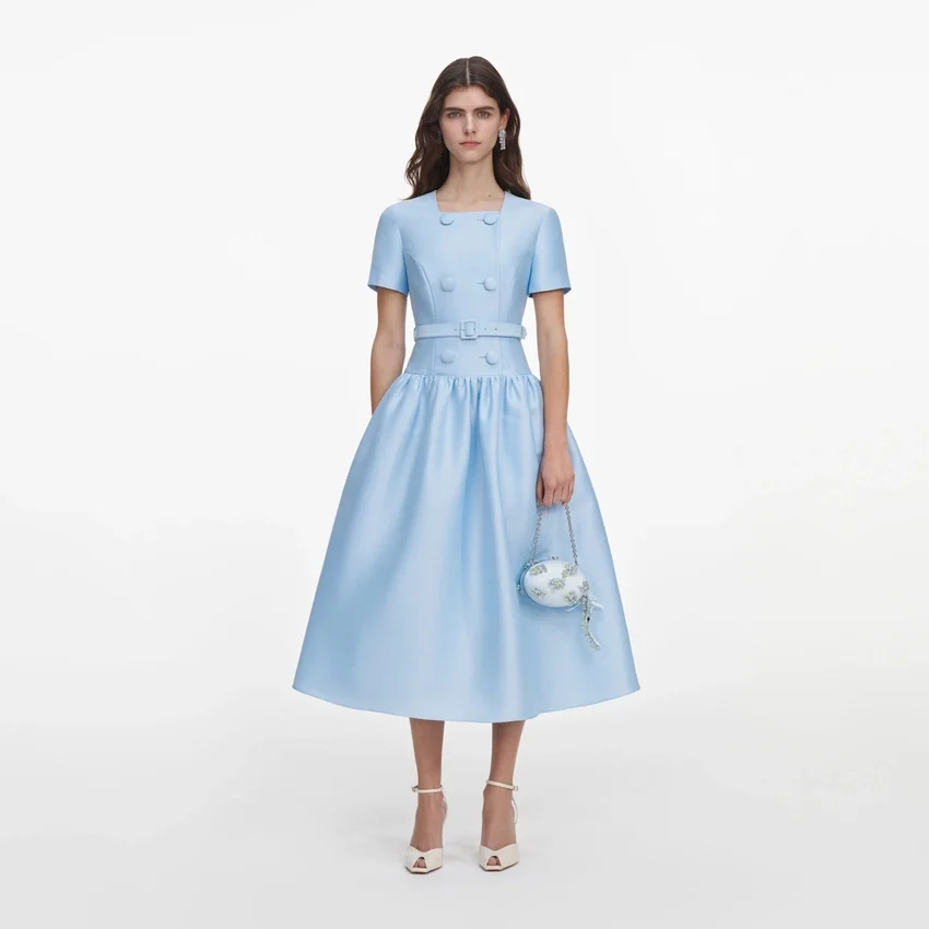 Blue Button Front Taffeta Midi Dress Blue Button Front Taffeta Midi Dress