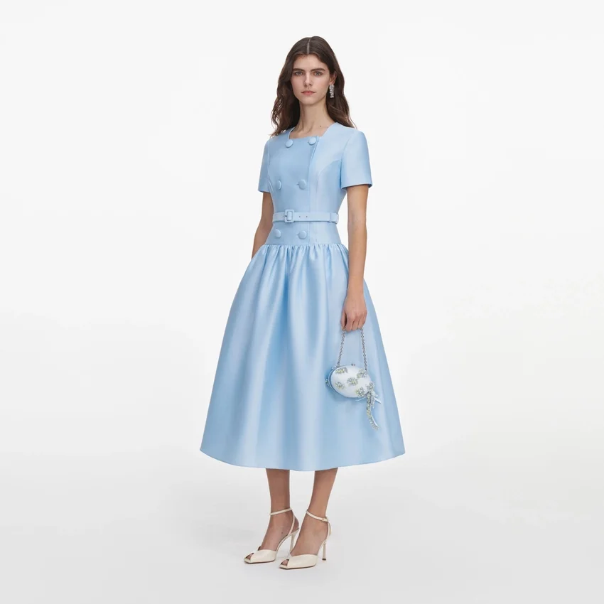 Blue Button Front Taffeta Midi Dress Blue Button Front Taffeta Midi Dress